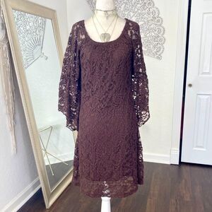 Jody California Vintage Brown Whimsygoth Fairy Lace Bell Sleeve Midi Dress M